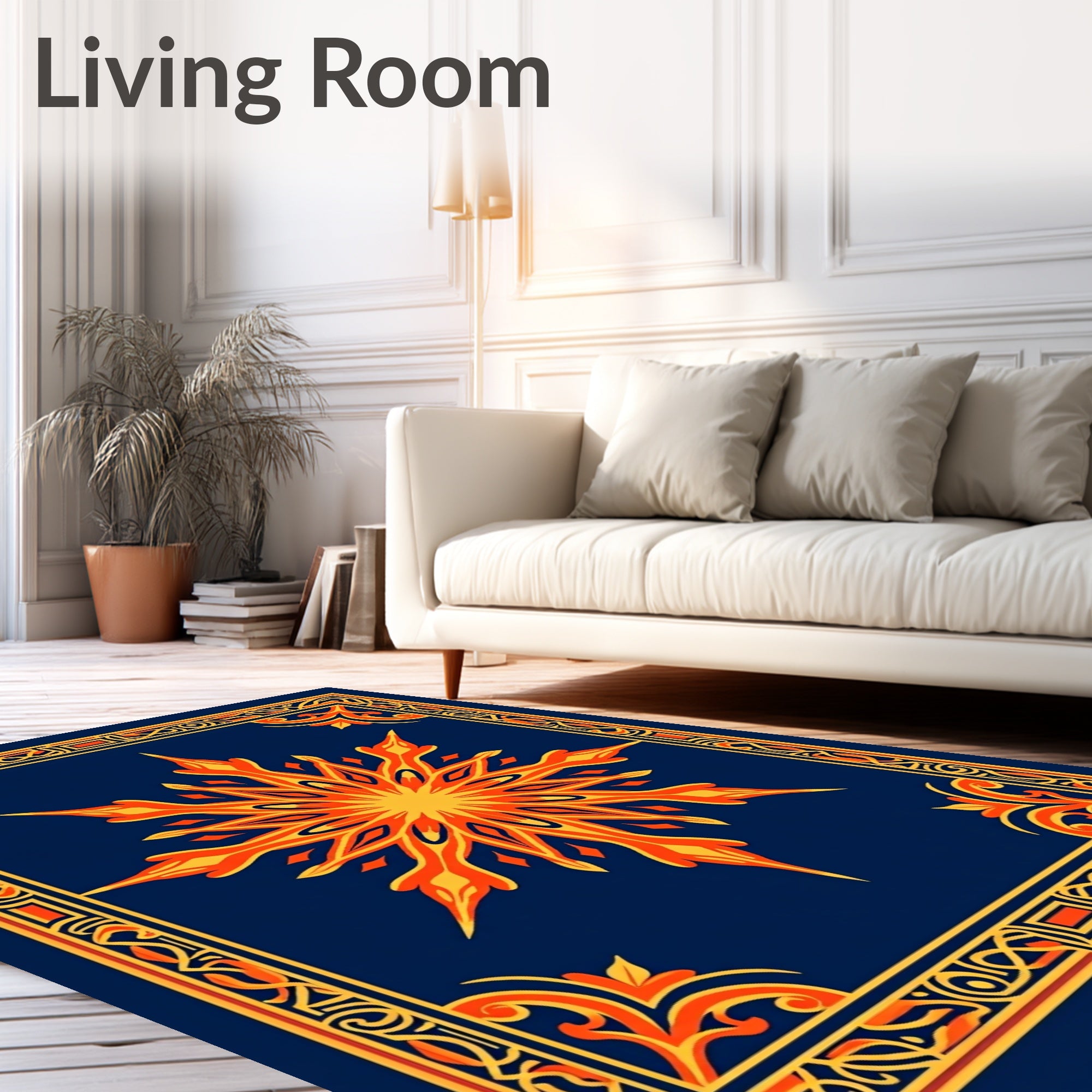 Golden Starburst Bordered Navy Rug