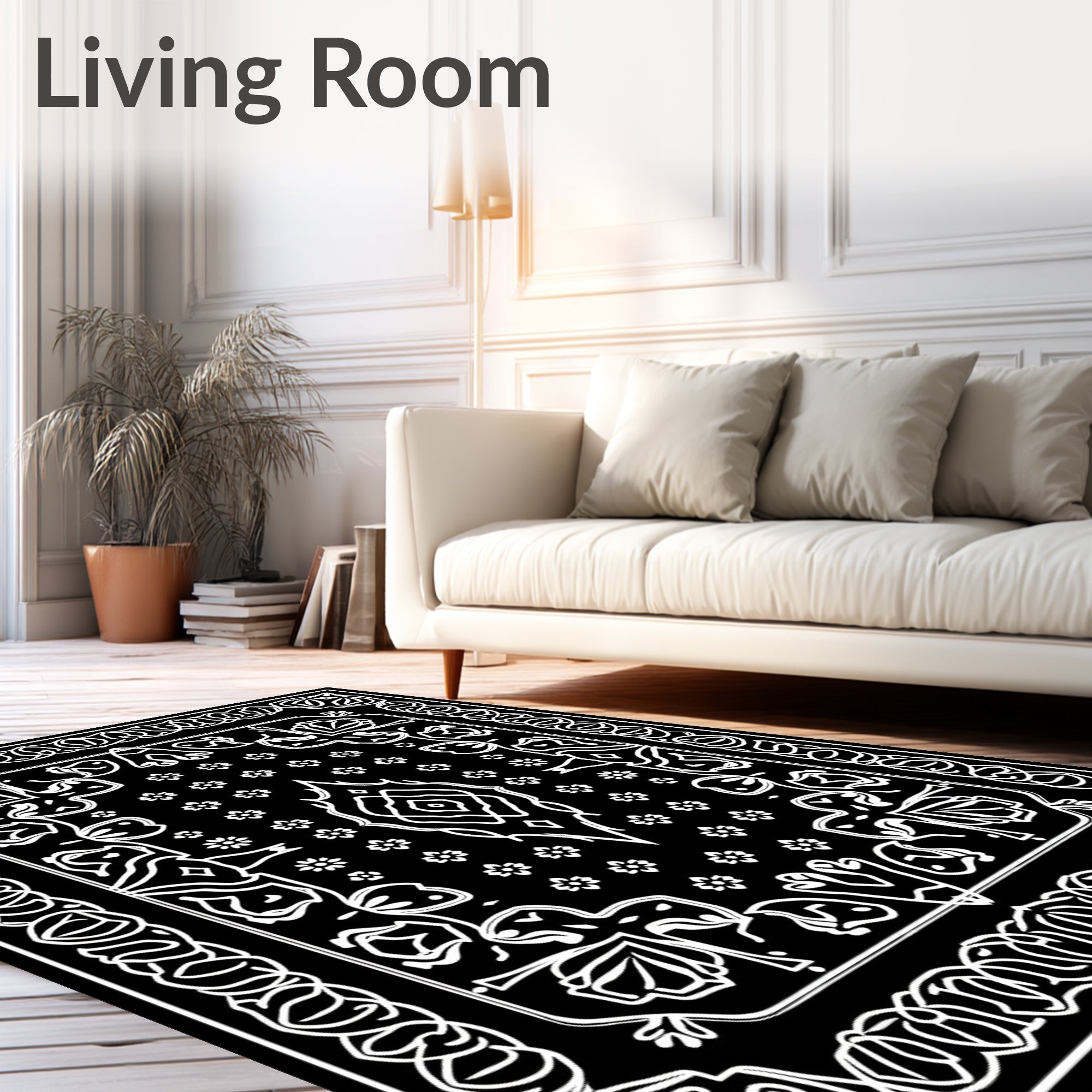 Black White Floral Scrollwork Pattern Rug