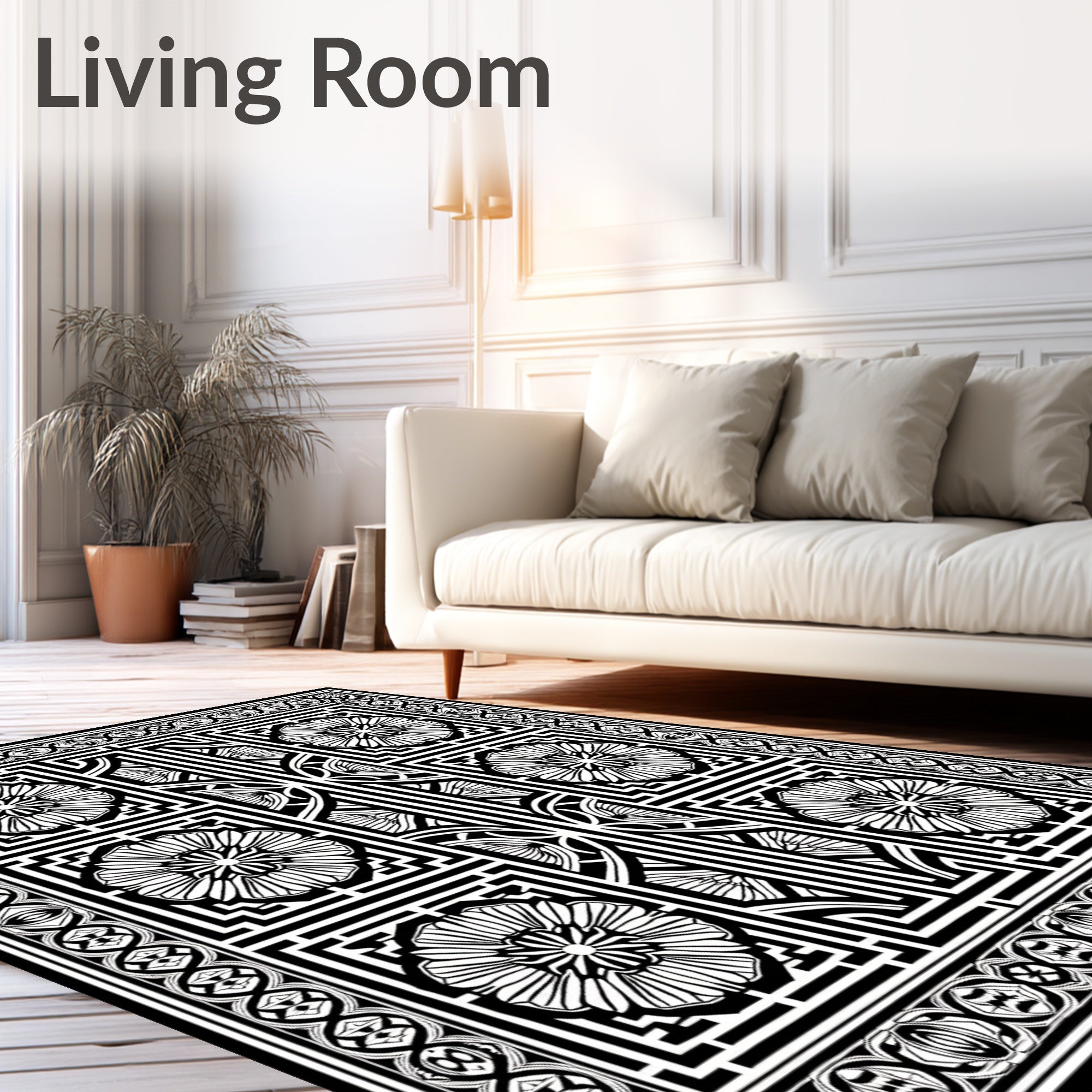 Classic Black White Floral Geometric Rug