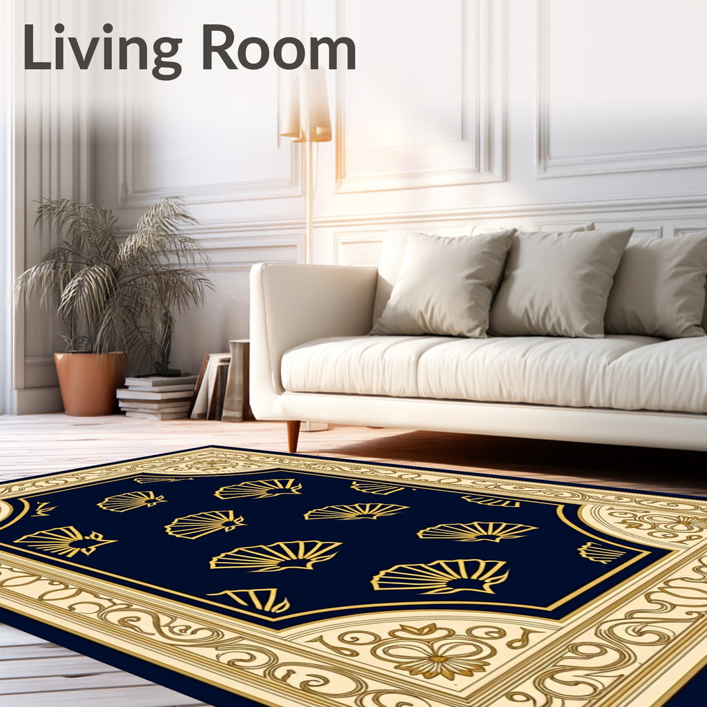 Golden Fans on Navy Traditional Design Rug