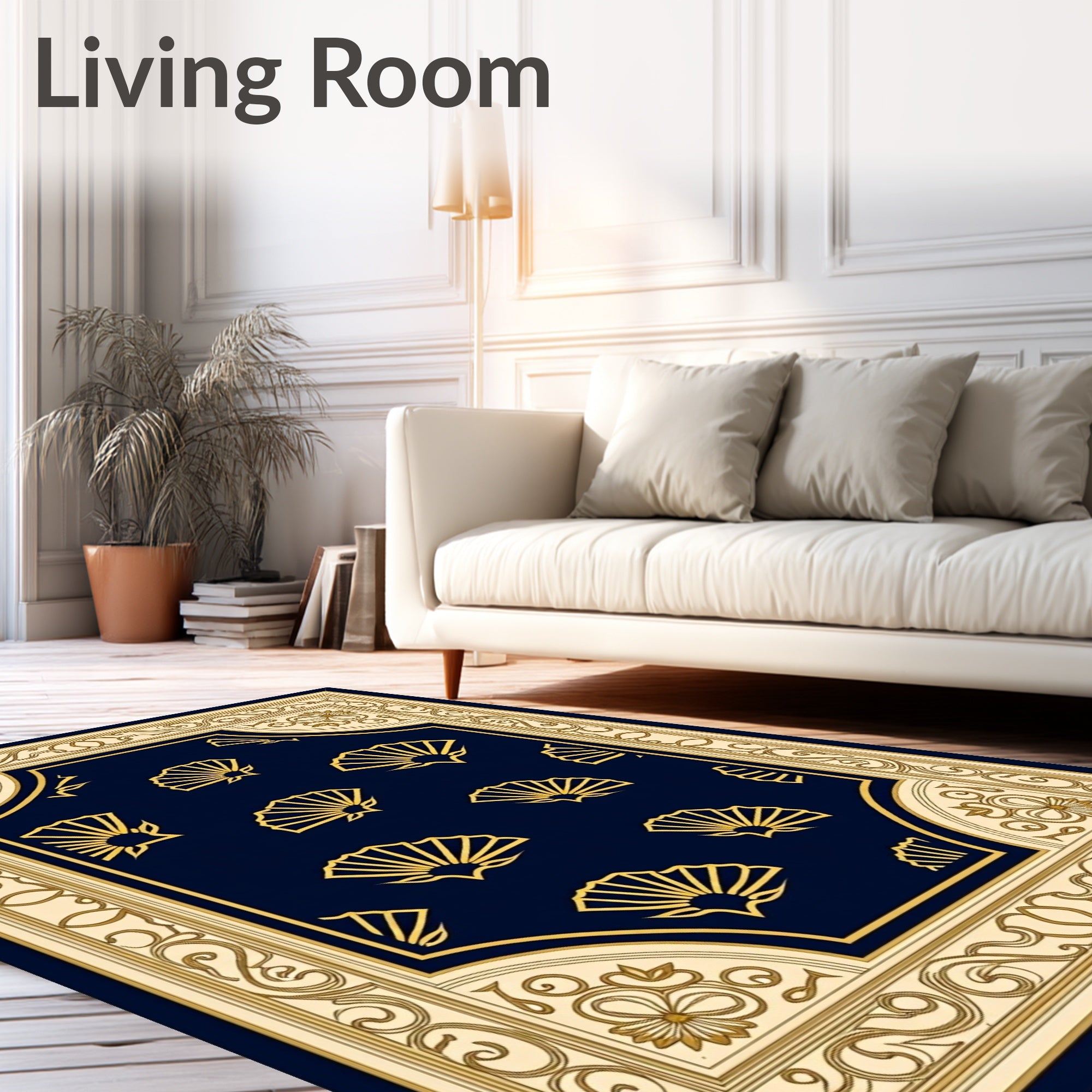Golden Fans on Navy Traditional Design Rug