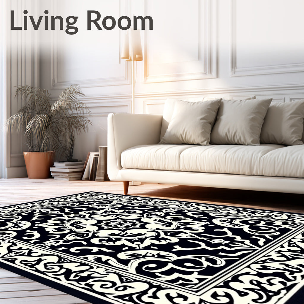 Intricate Black Cream Floral Pattern Rug