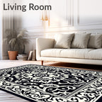 Intricate Black Cream Floral Pattern Rug