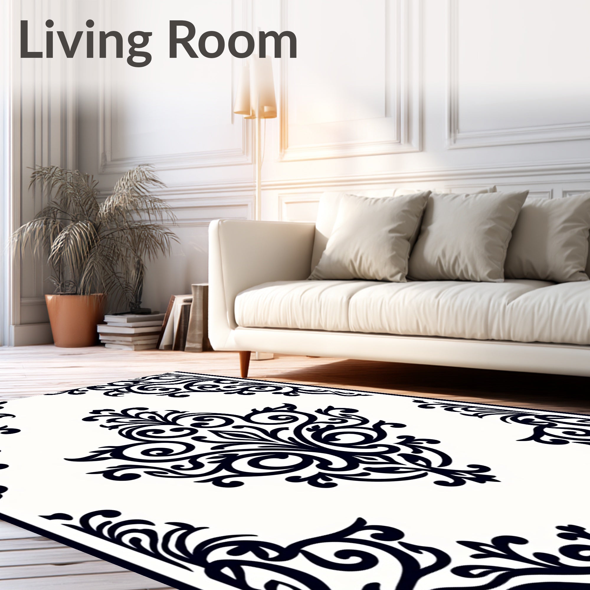 Classic Black White Floral Motif Rug