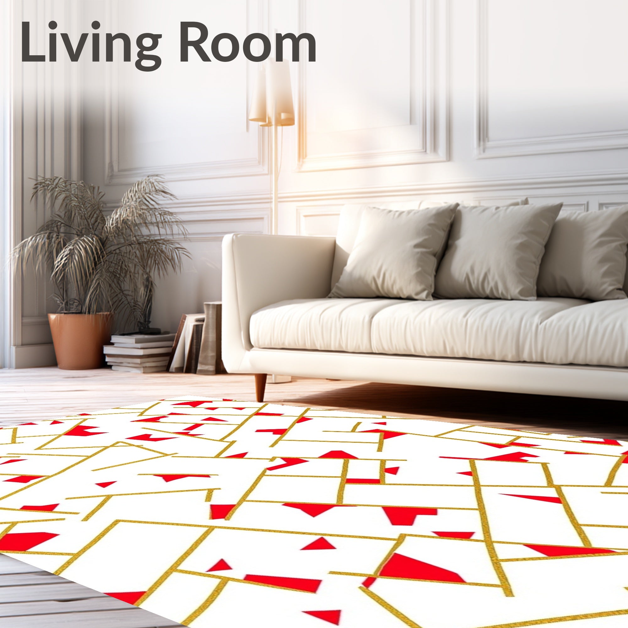 Gold Red Geometric Overlay Design Rug