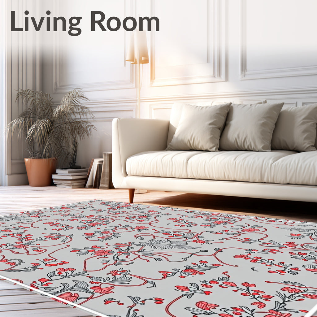 Coral Pink Floral Vines Gray Background Rug