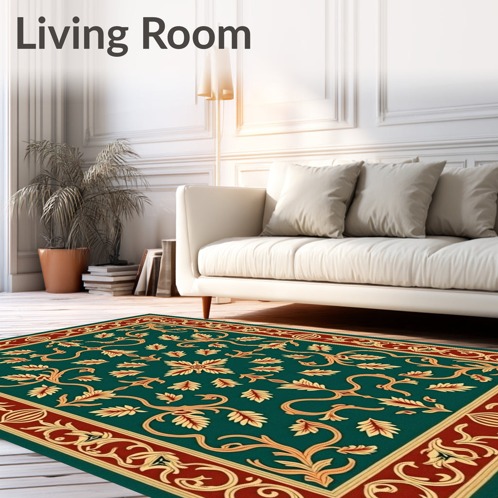 Emerald Floral Scroll Patterned Rug