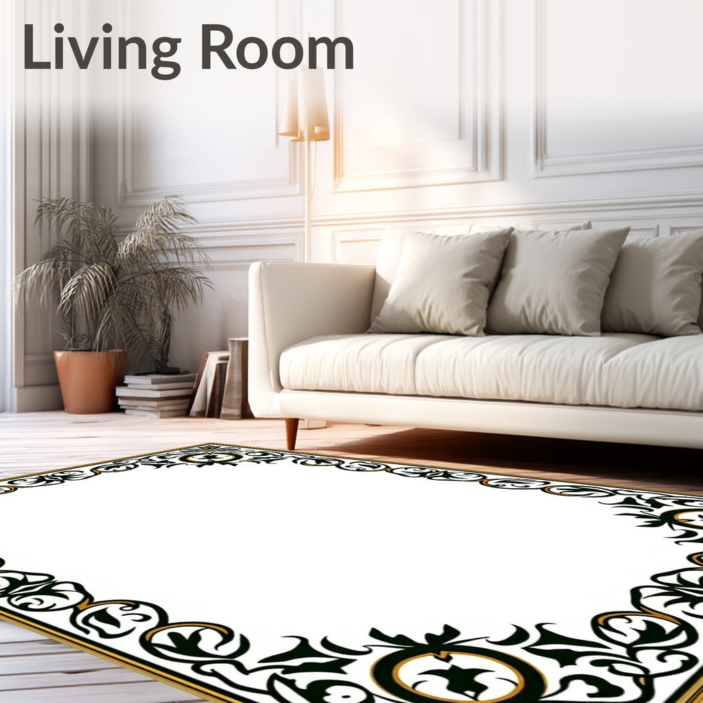Ornate Black Gold Floral Scrollwork Rug