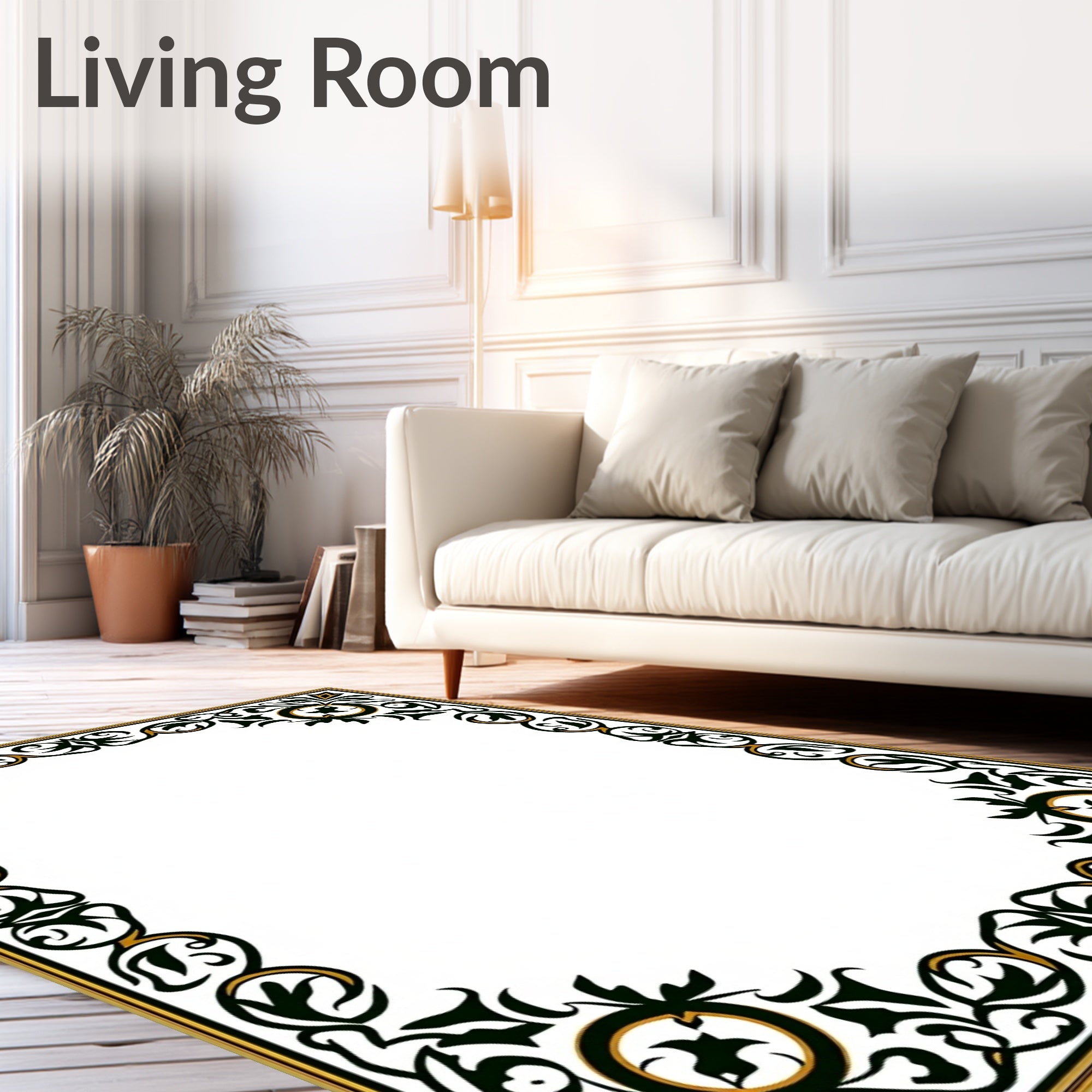 Ornate Black Gold Floral Scrollwork Rug
