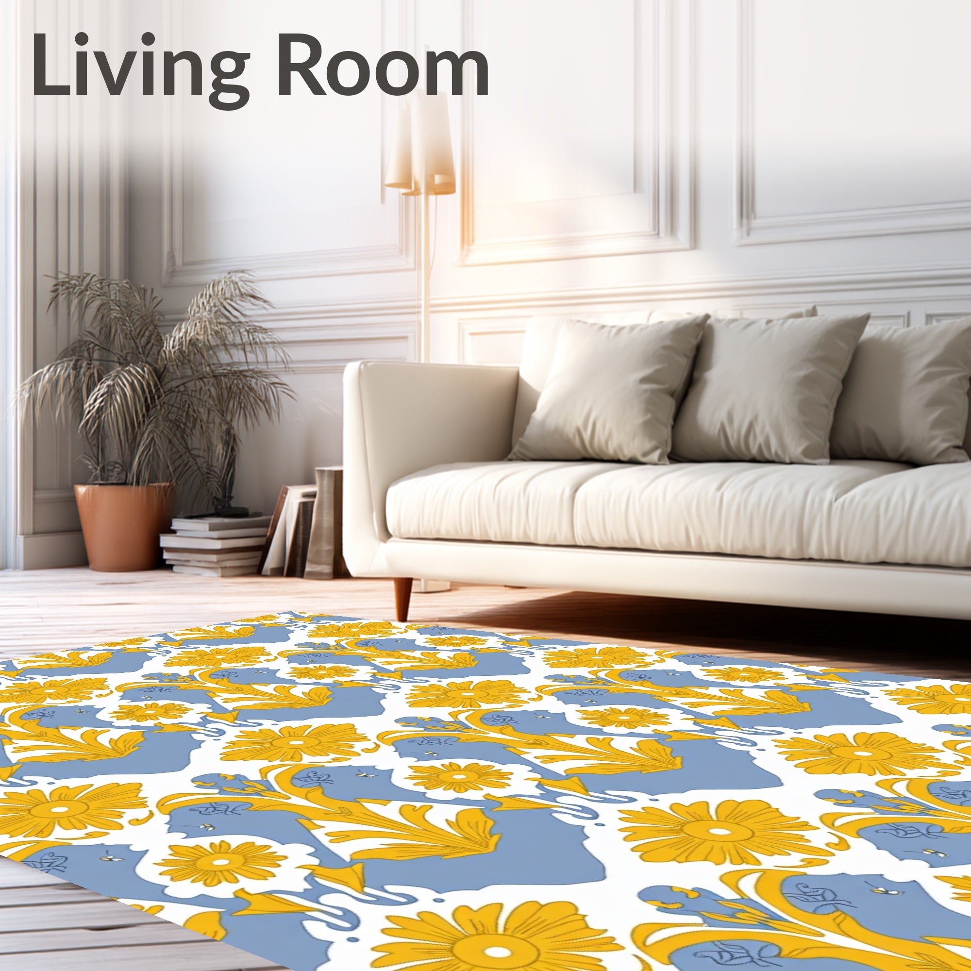 Yellow Floral Blue Crest Pattern Rug