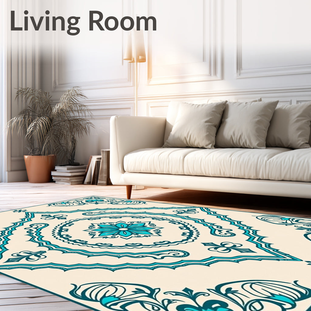 Teal Floral Medallion Traditional Pattern Rug