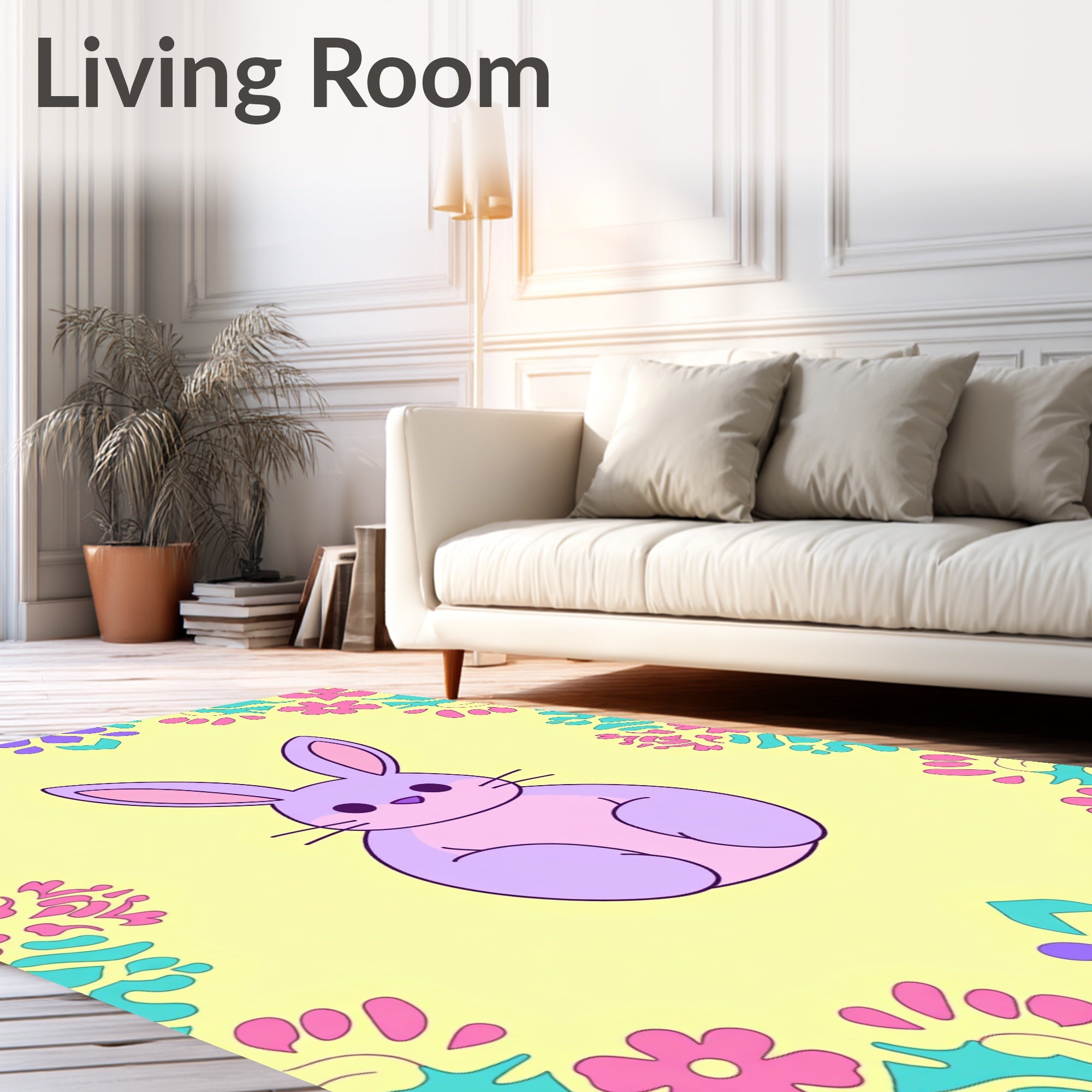 Cute Bunny with Floral Border Design Rug