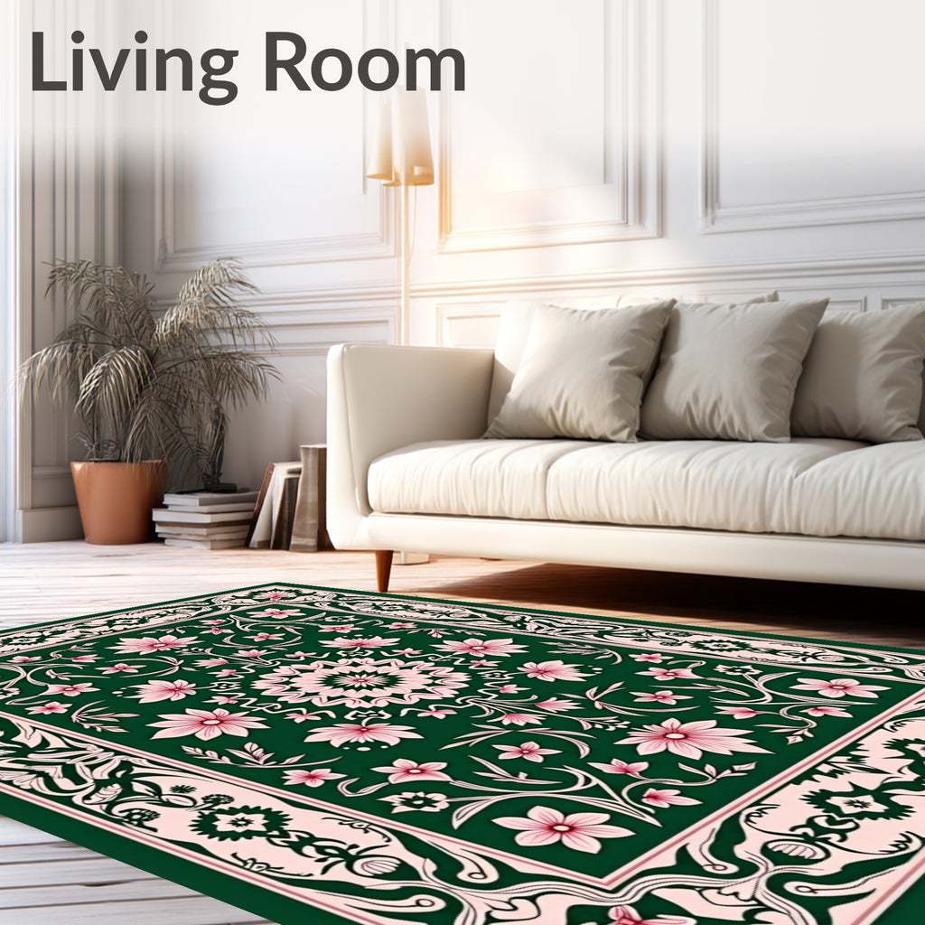 Elegant Floral Medallion Pink Green Rug