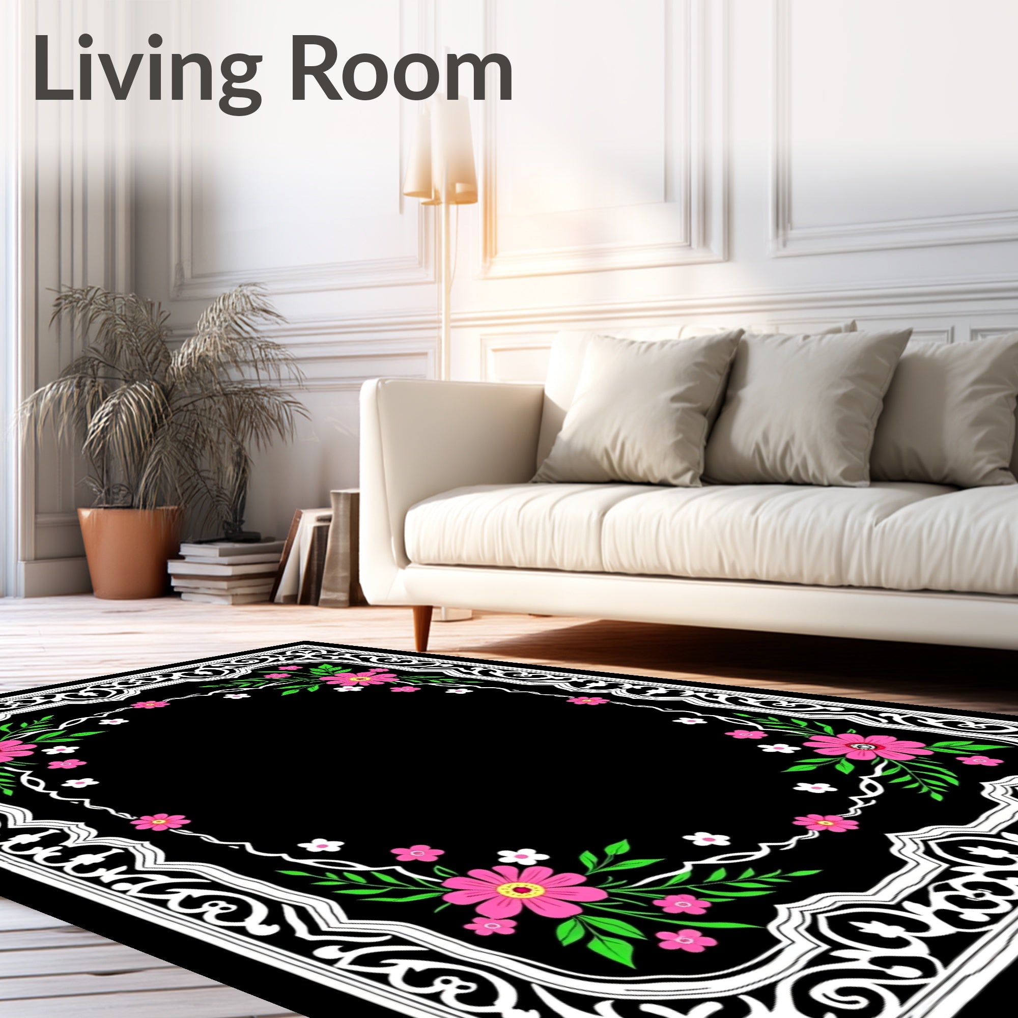 Ornate Floral White Border Design Rug