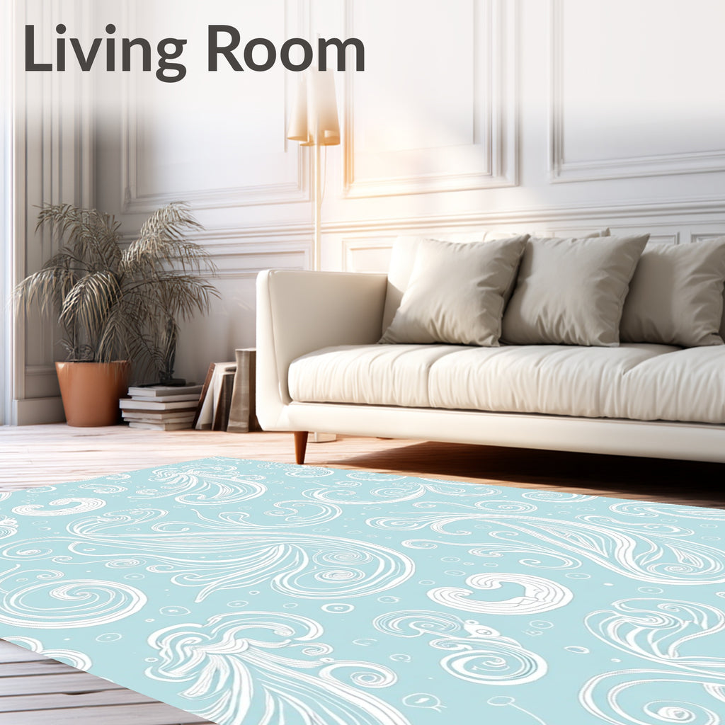 Light Blue White Swirl Floral Pattern Rug