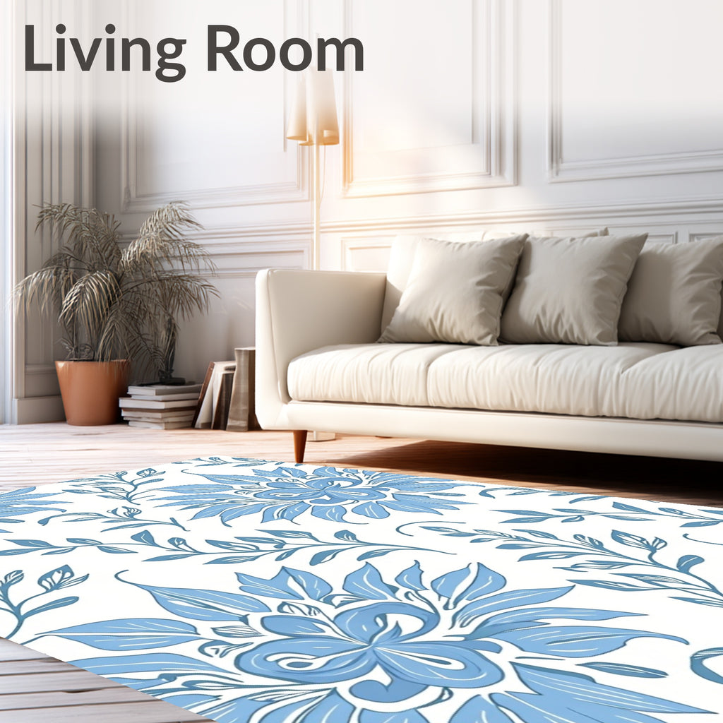 Blue Floral Leaf Pattern Rug