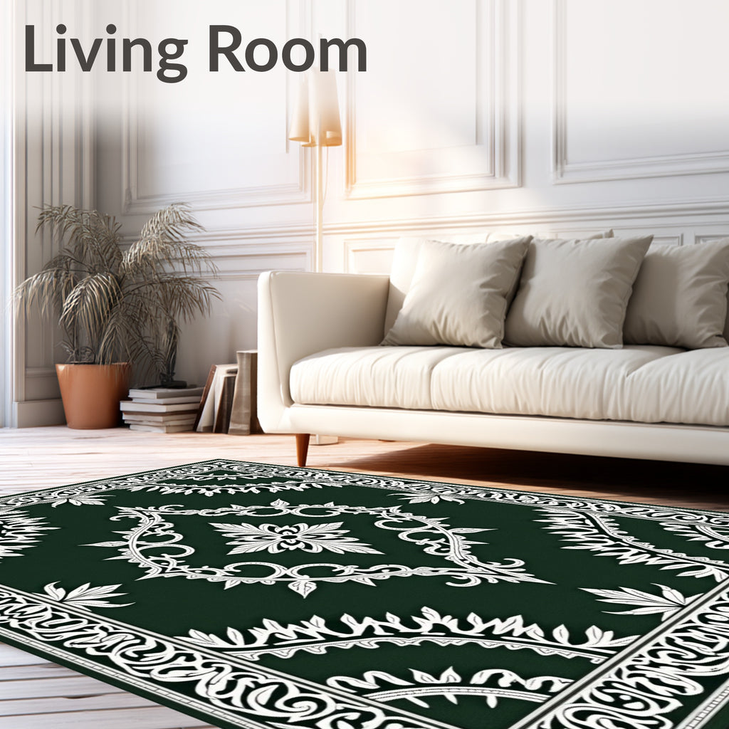 Intricate White Botanical Floral Pattern Rug