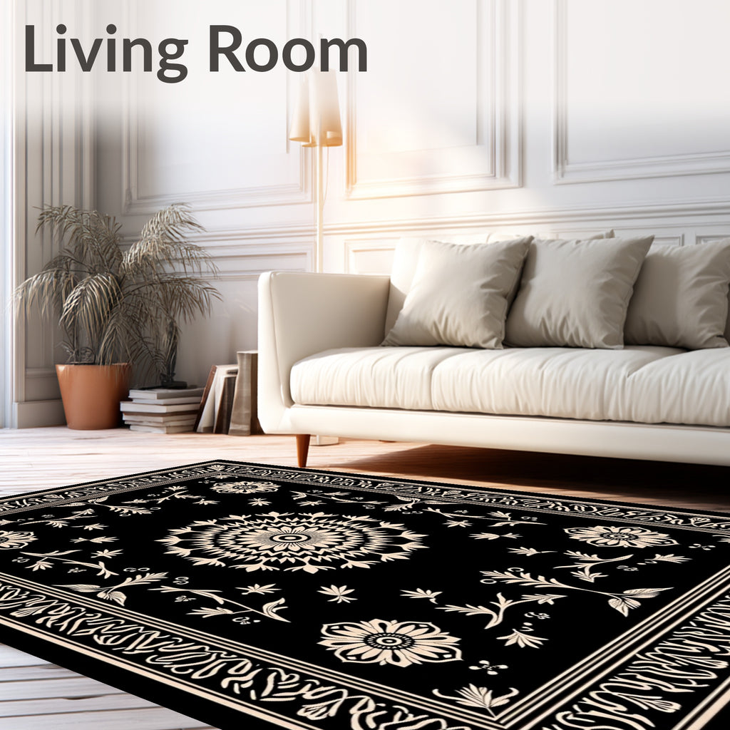 Classic Black Floral Sunburst Border Rug