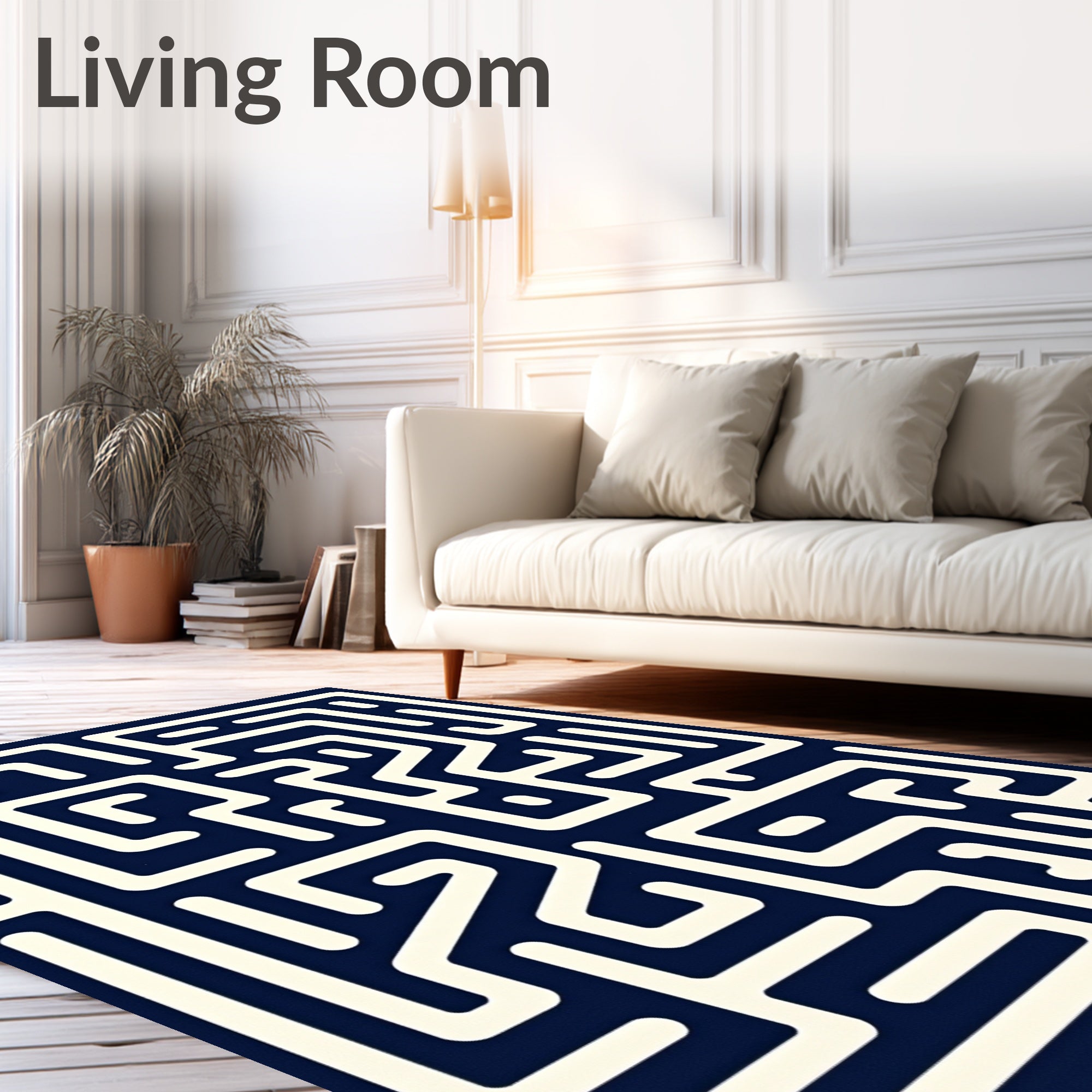 Navy Cream Maze Pattern Rug