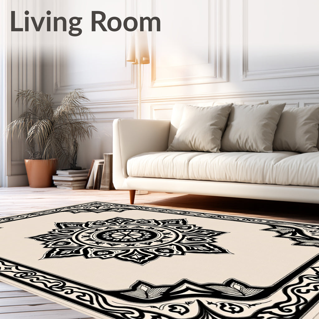 Intricate Black Floral Sunburst Design Rug