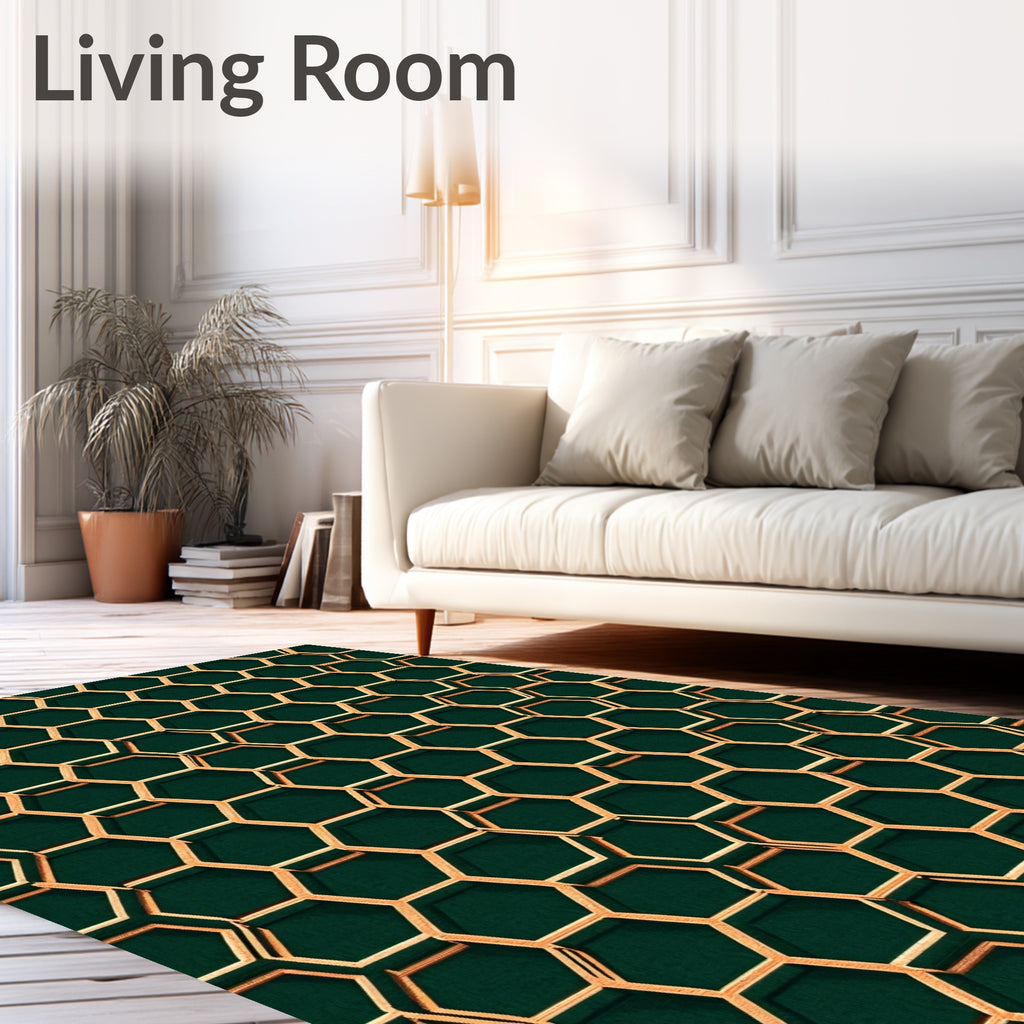 Gold Hexagonal Patterned Geometric Rug