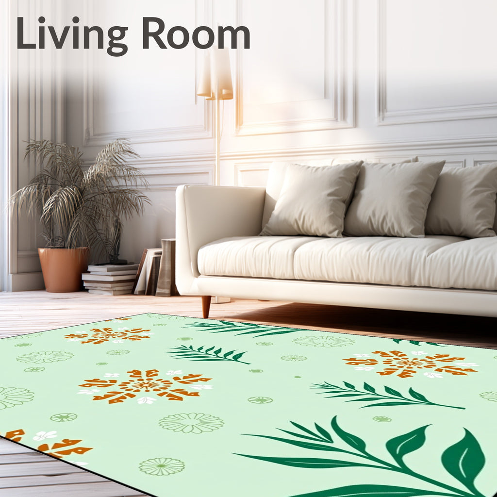 Orange Snowflake Green Leaf Pattern Rug