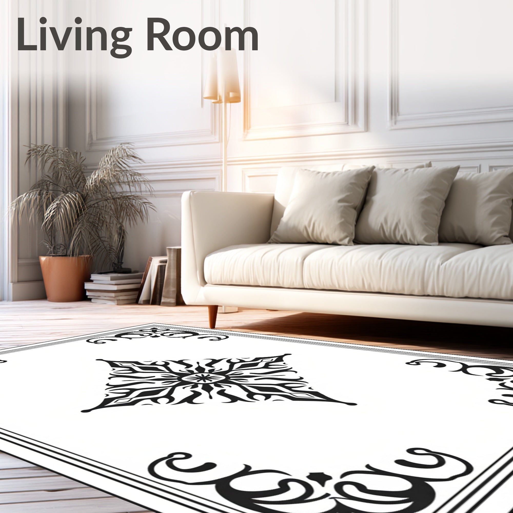 Black White Ornate Floral Diamond Rug