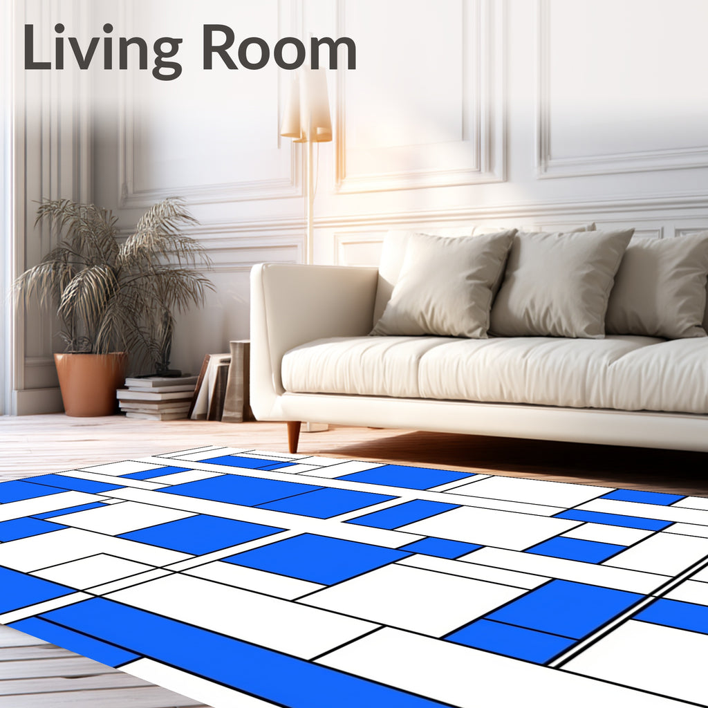Blue White Geometric Composition Rug