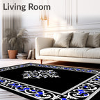 Ornate White Blue Floral Frame Pattern Rug