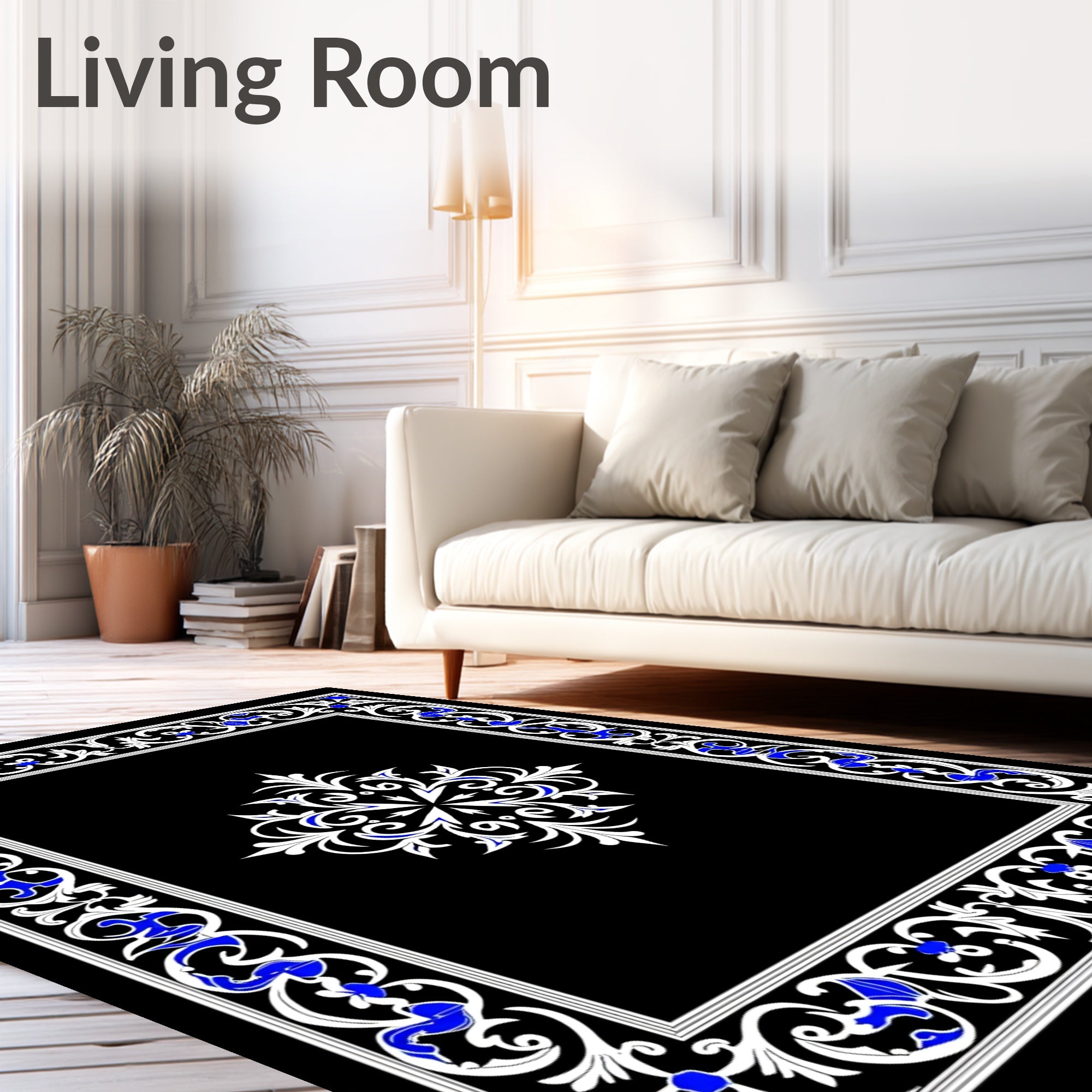 Ornate White Blue Floral Frame Pattern Rug