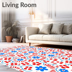 Bold Red Blue Floral Pattern Rug