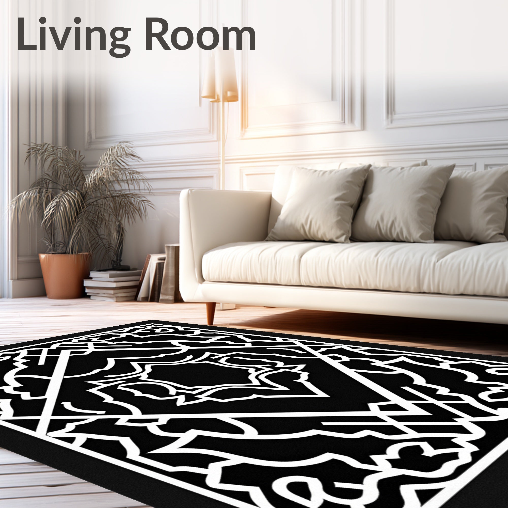 Intricate Black White Geometric Symmetry Rug