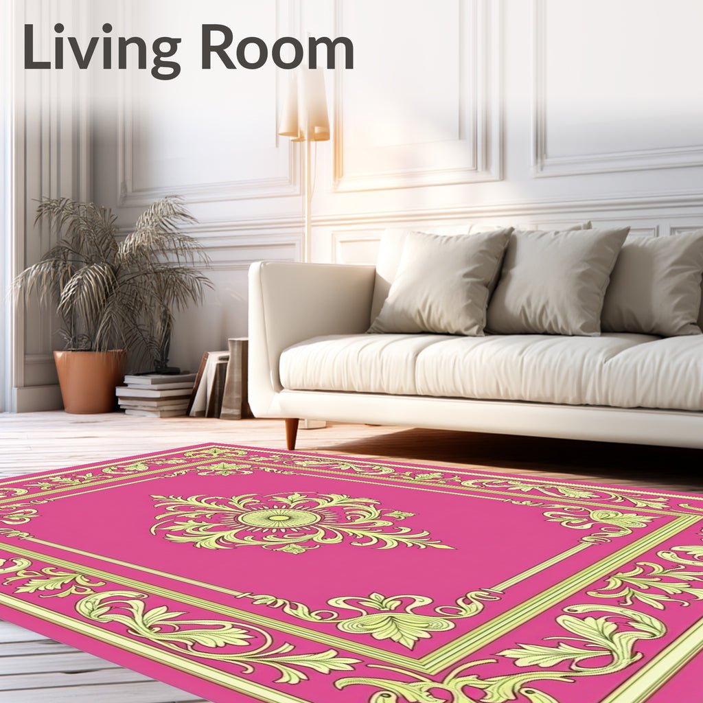 Ornate Floral Border Pink Rug