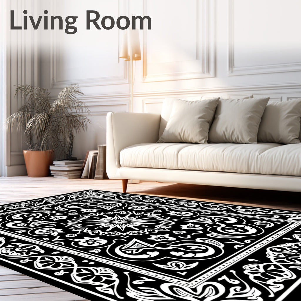 Traditional Black White Floral Medallion Rug