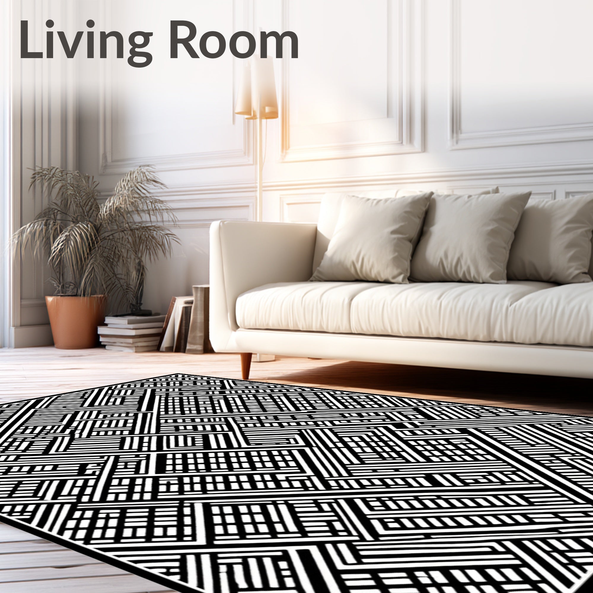 Abstract Black White Geometric Maze Design Rug