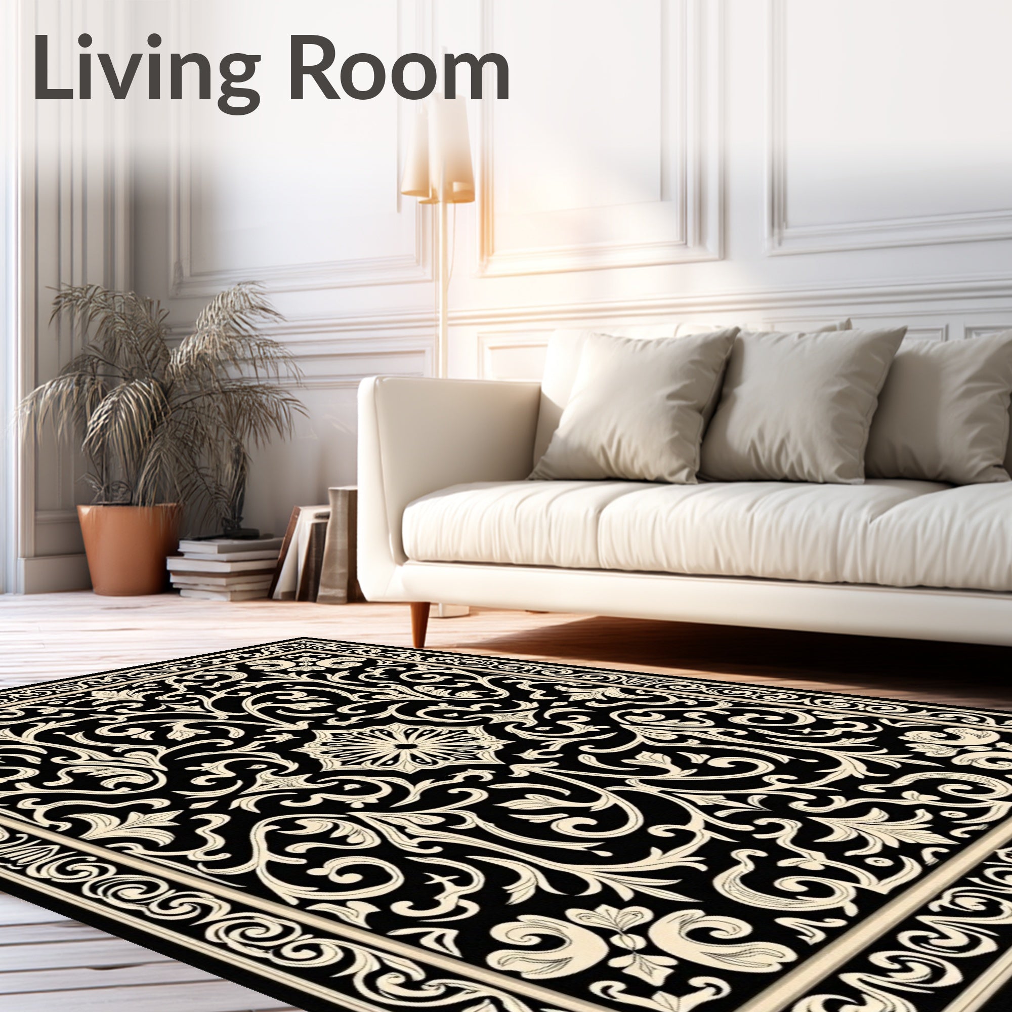 Black Cream Ornate Floral Pattern Rug