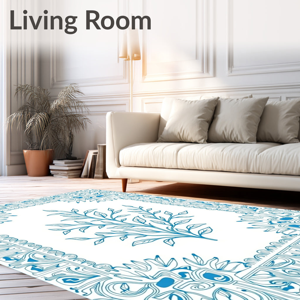 Leafy Branch Blue Decorative Border Design Rug