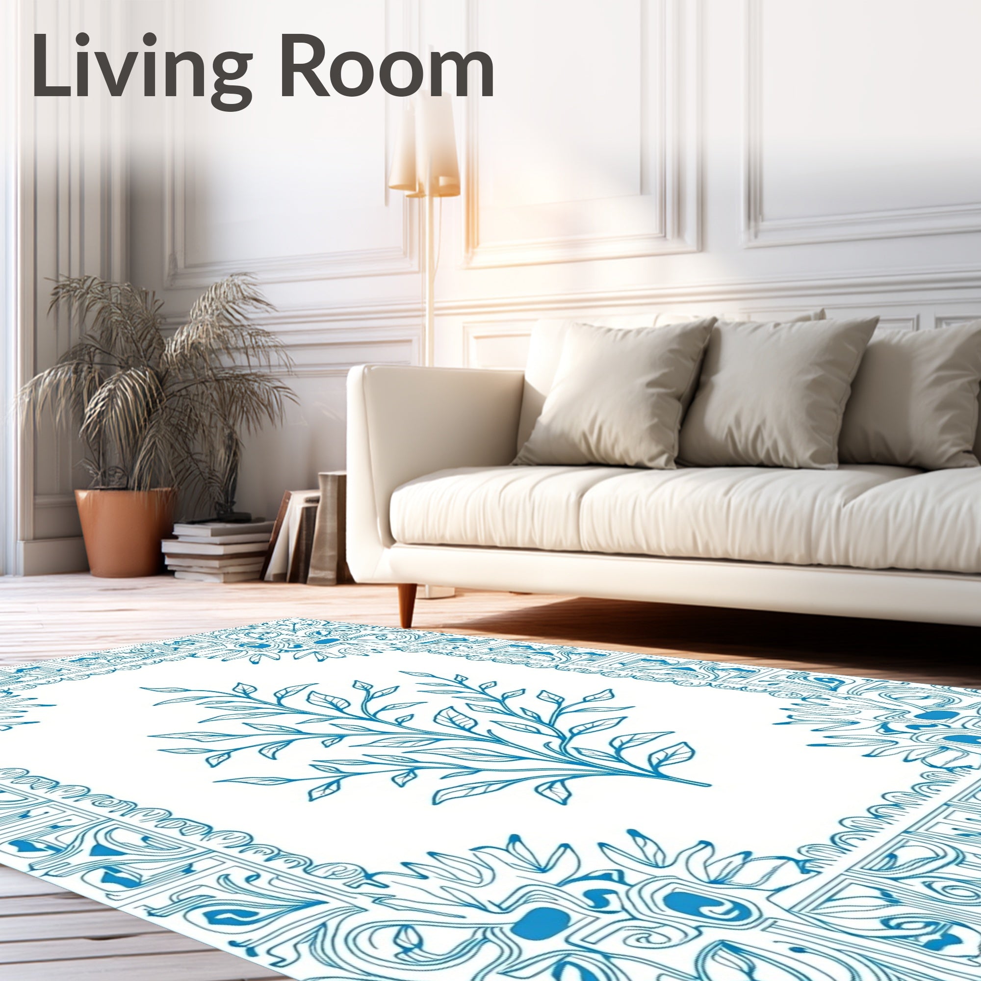 Leafy Branch Blue Decorative Border Design Rug