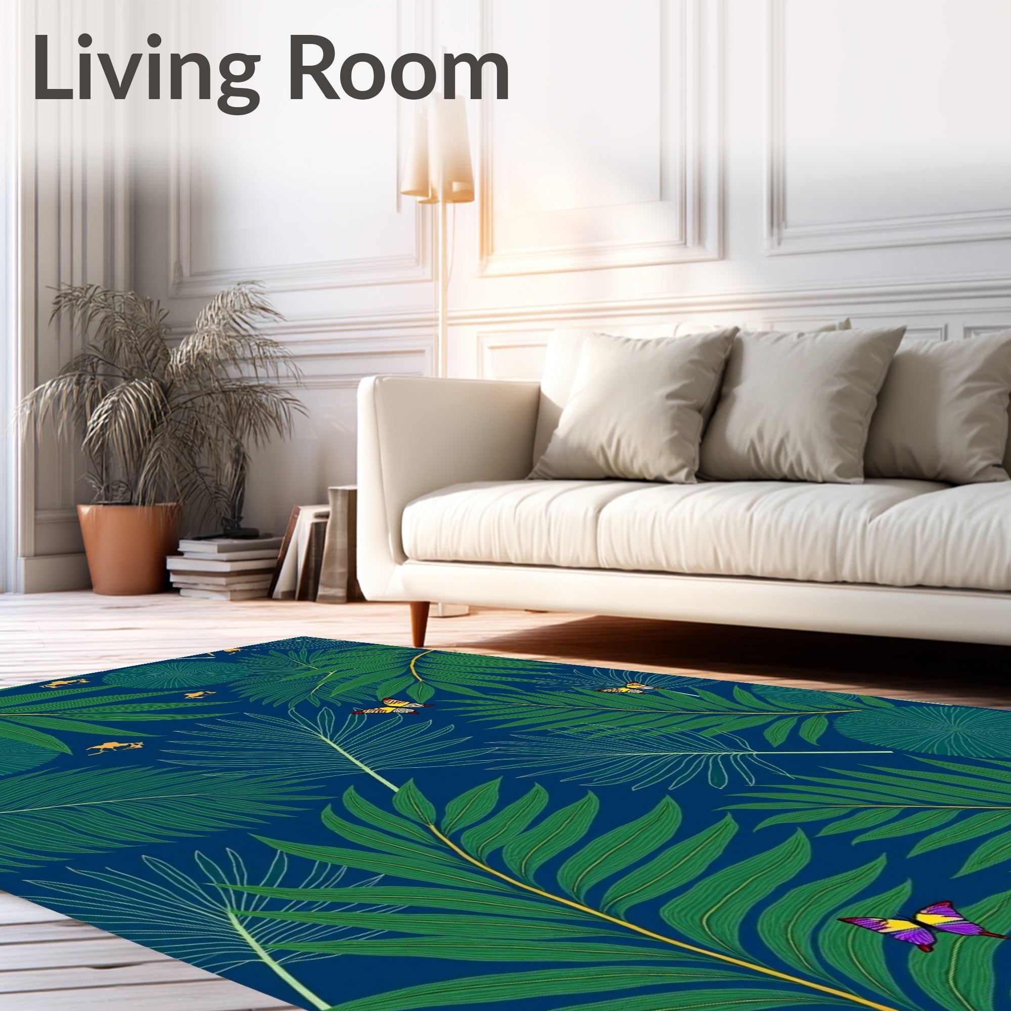 Green Palm Leaves Golden Camel Print Rug