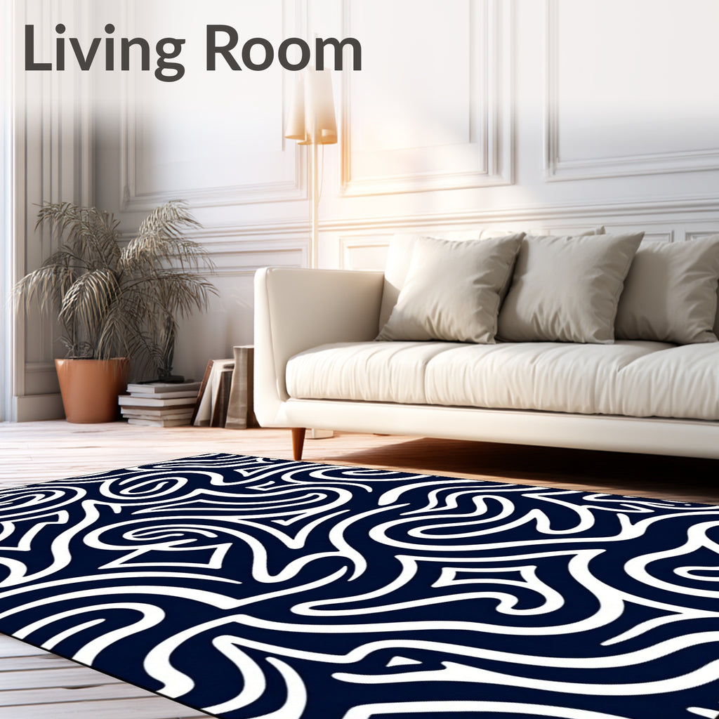Navy White Abstract Swirl Pattern Rug