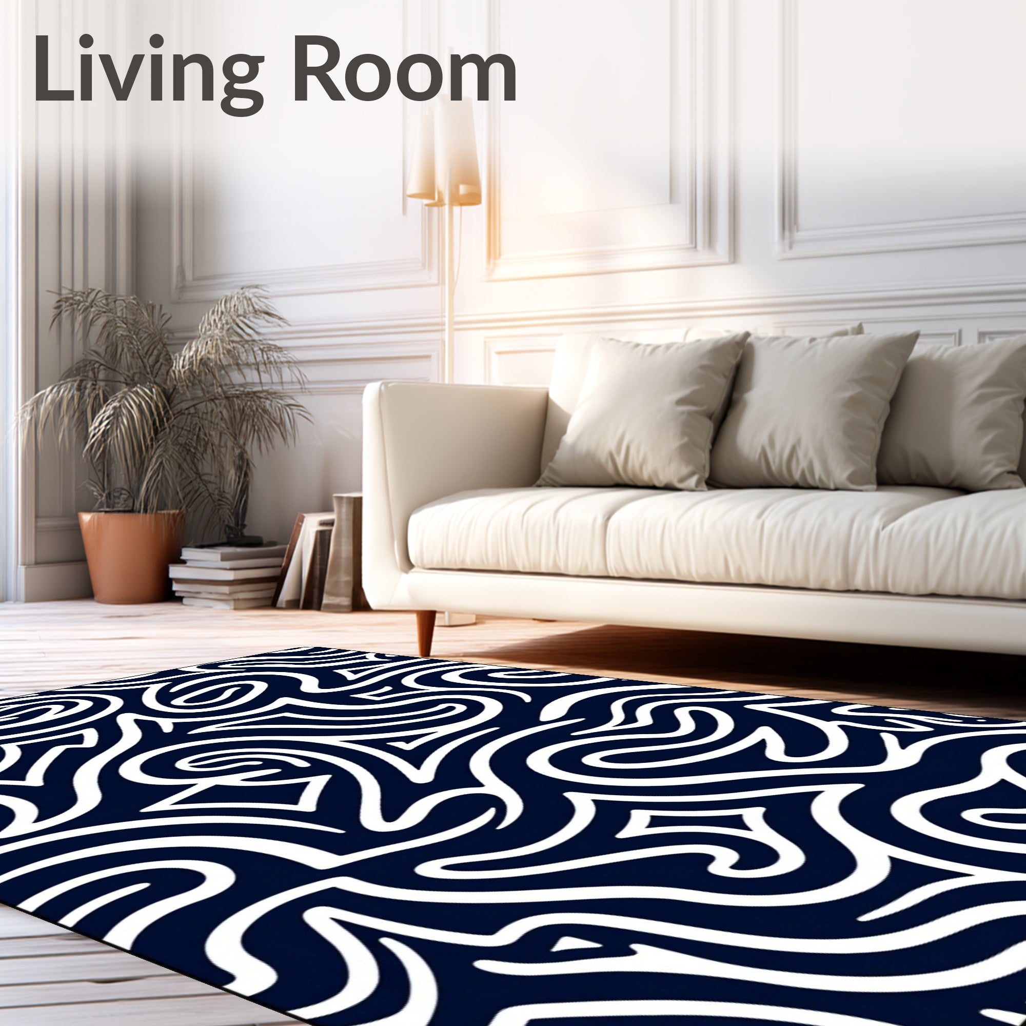Navy White Abstract Swirl Pattern Rug