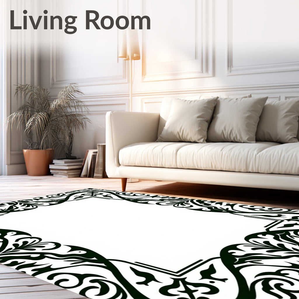 Elaborate Black Scroll Frame Design Rug