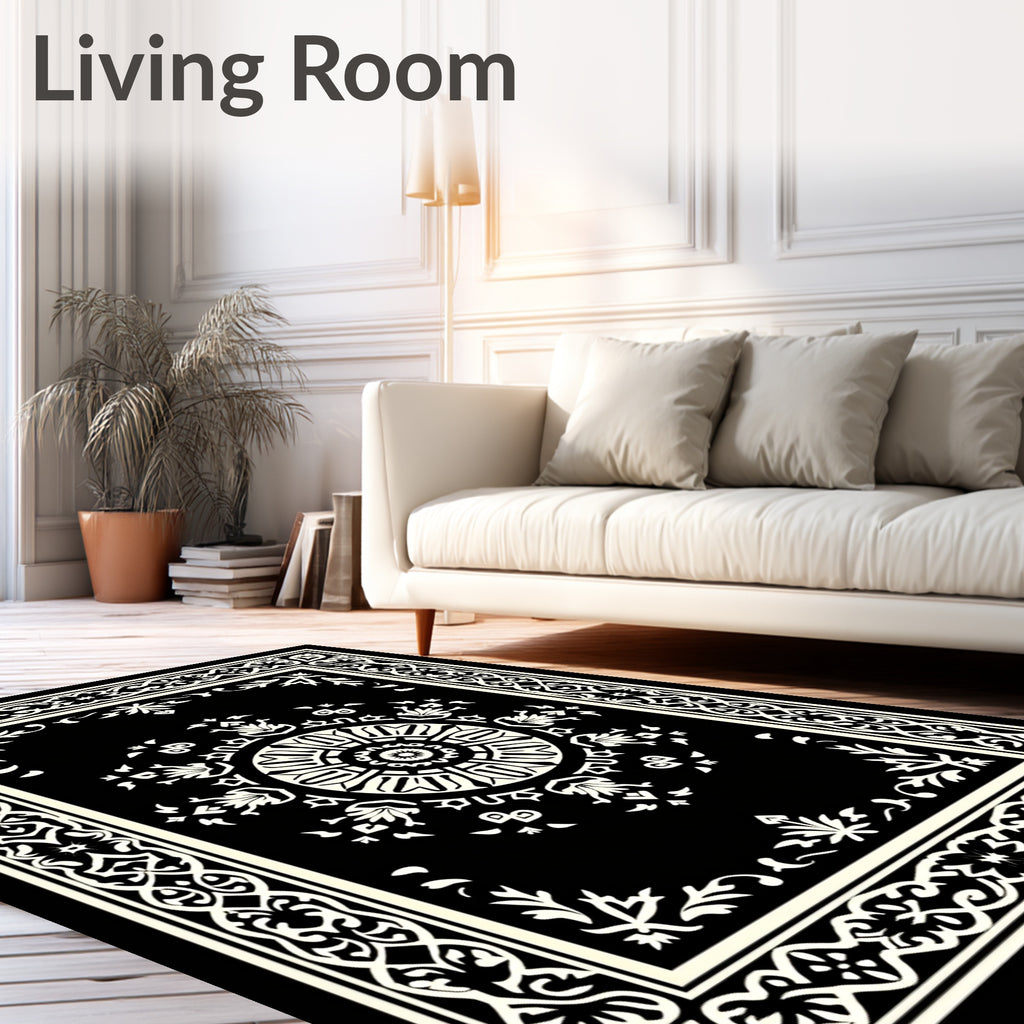 Ornate Black Cream Medallion Border Rug