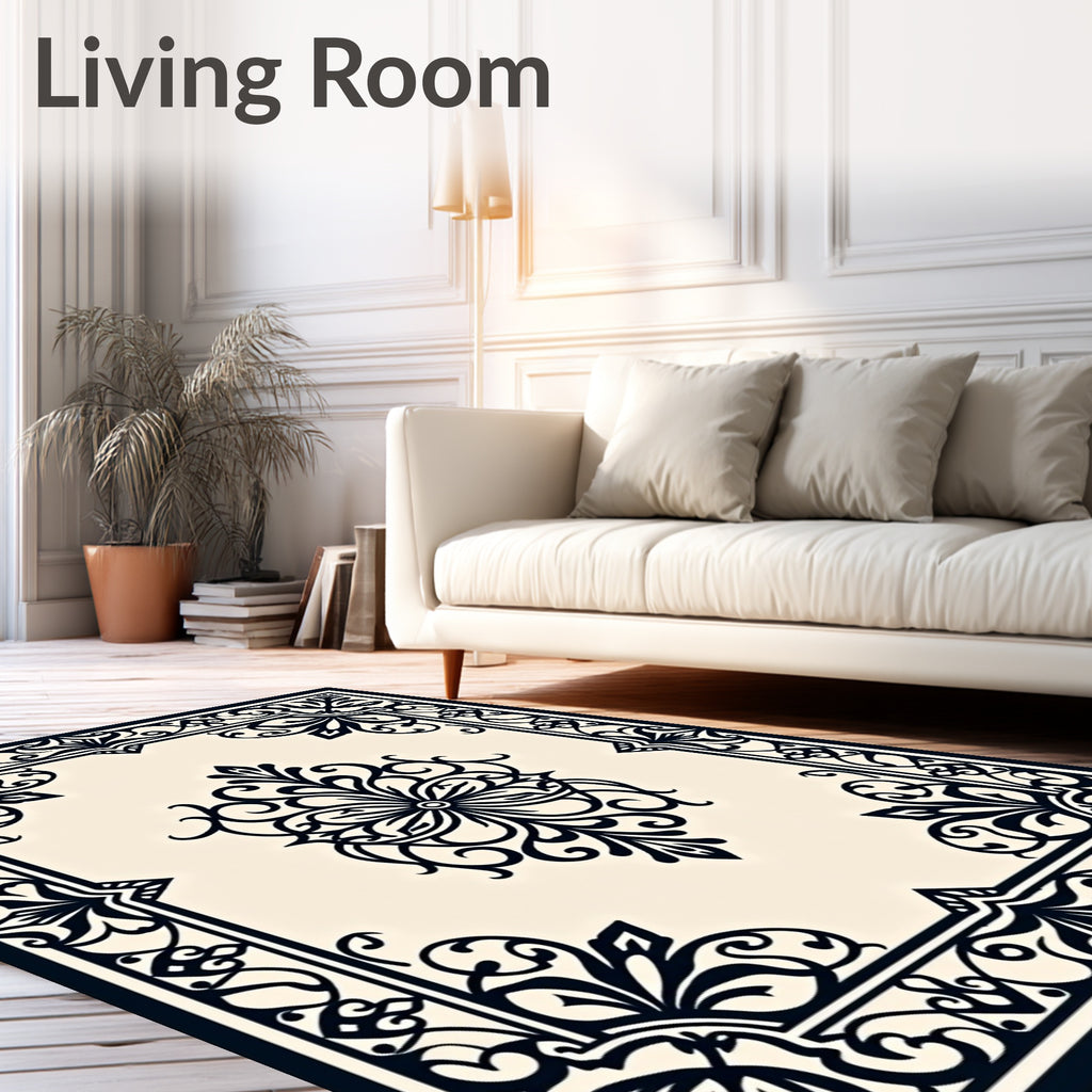 Classic Black Cream Floral Scroll Rug