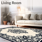 Classic Black Cream Floral Scroll Rug