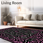 Black Pink Abstract Floral Lines Design Rug