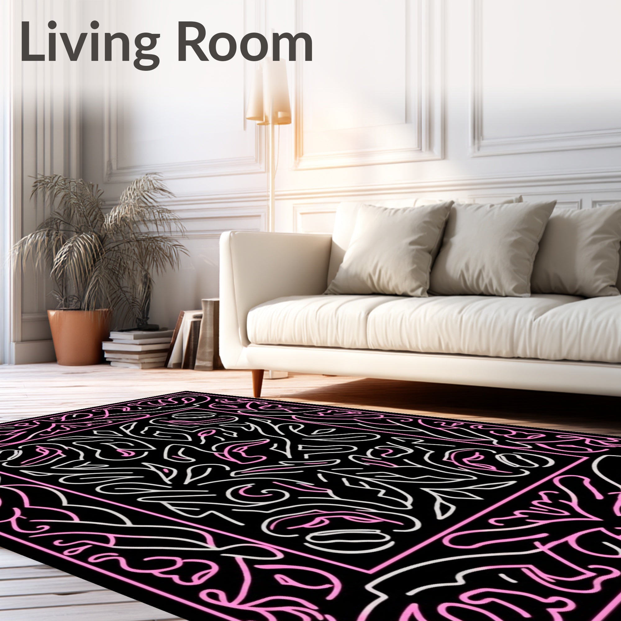 Black Pink Abstract Floral Lines Design Rug