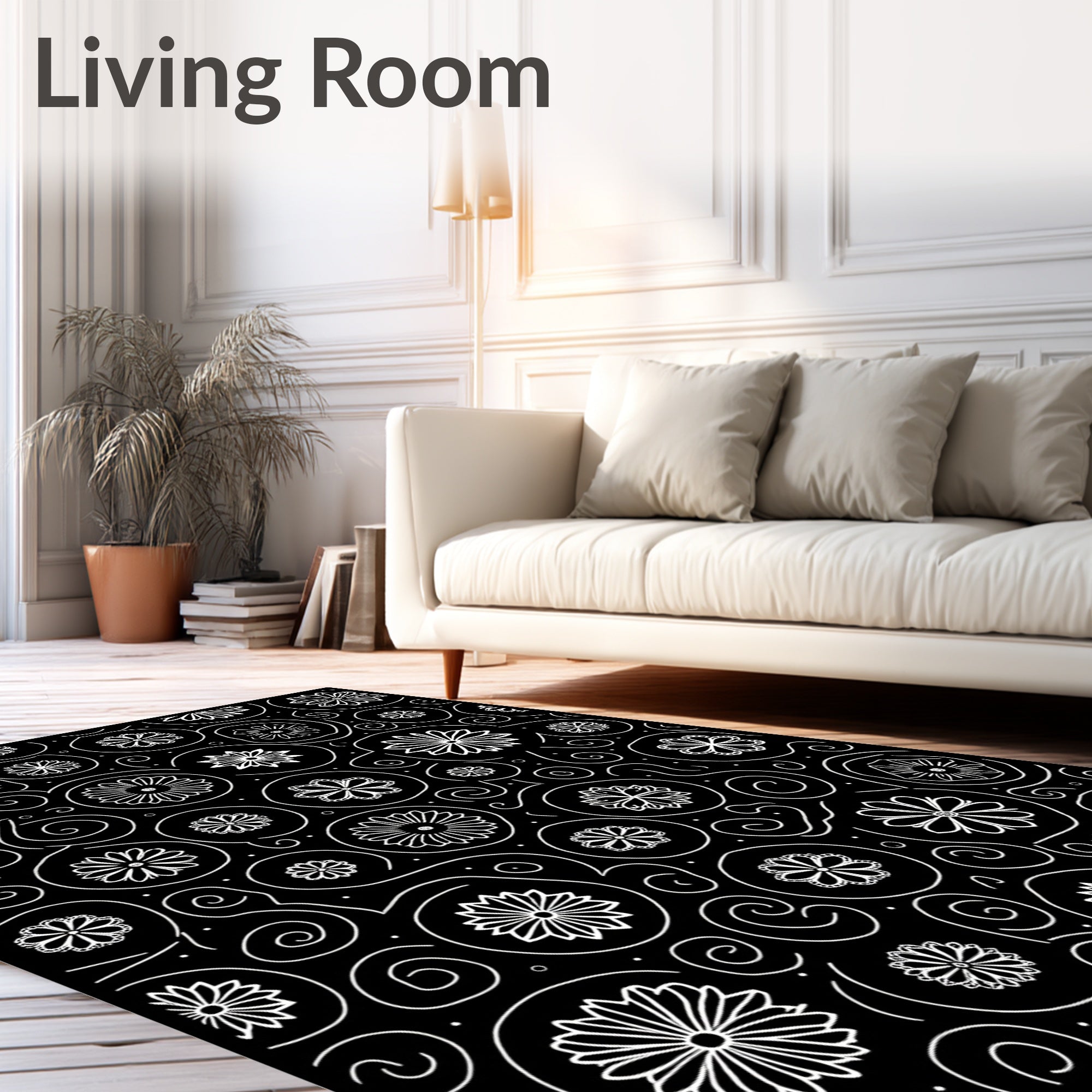 Black White Floral Circles Swirls Rug
