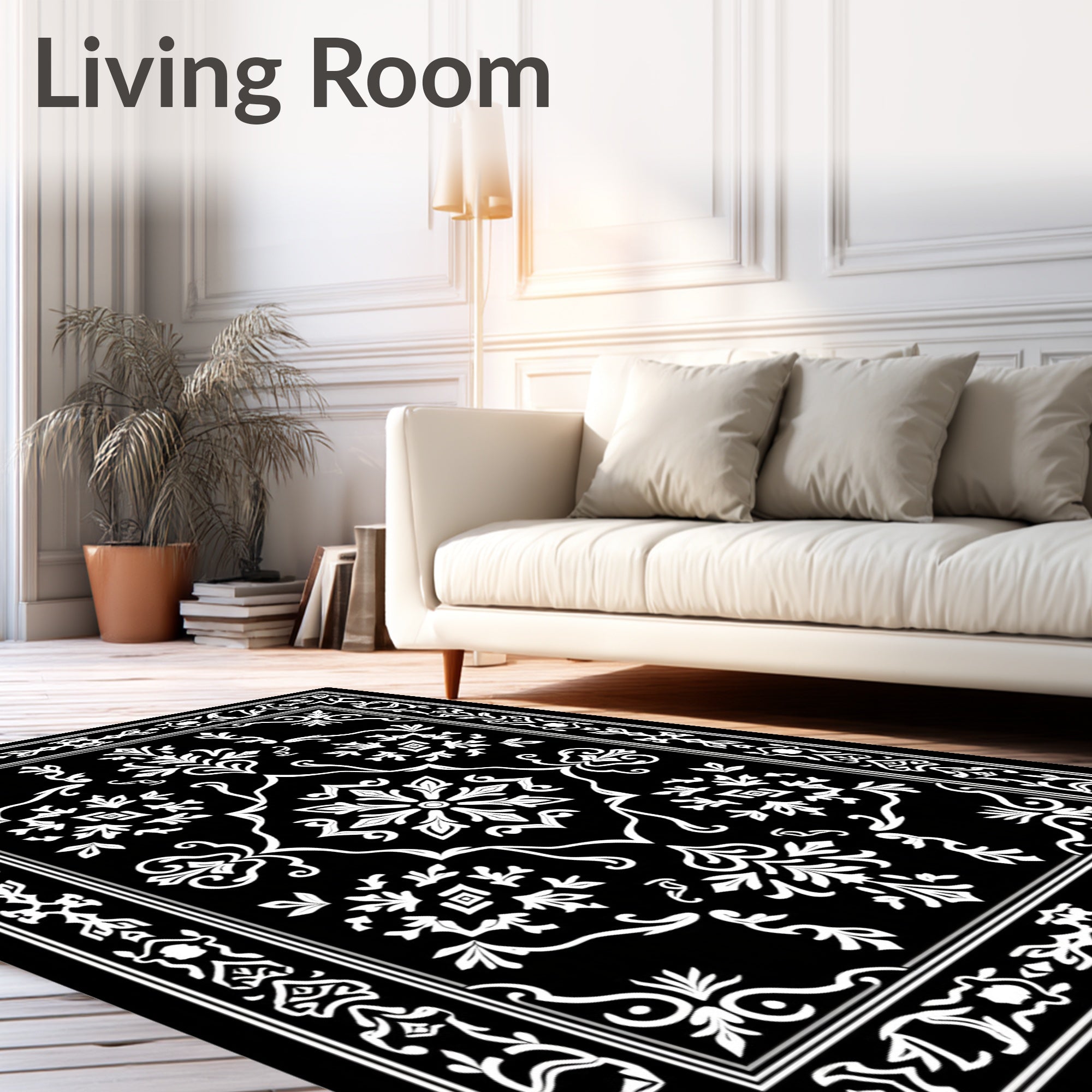 Black White Floral Border Design Rug