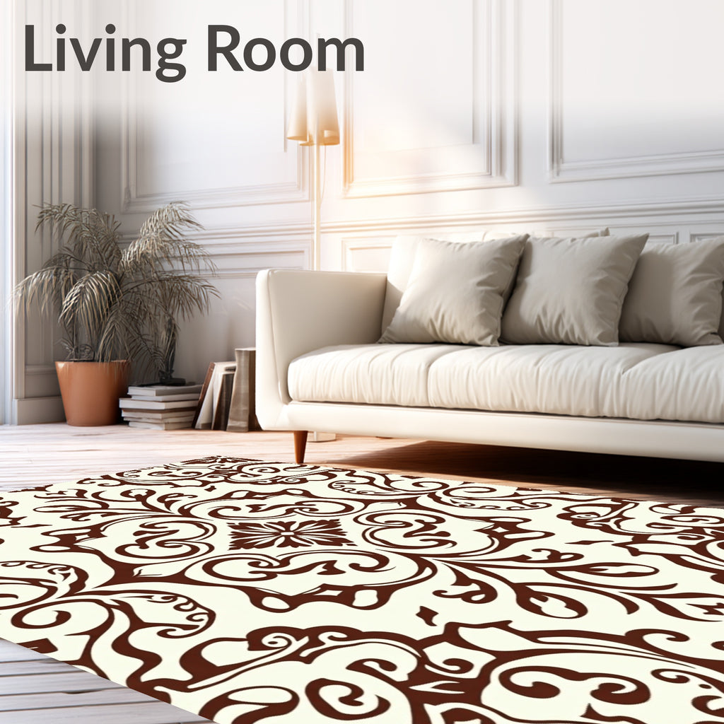 Ornate Brown Floral Scroll Design Rug